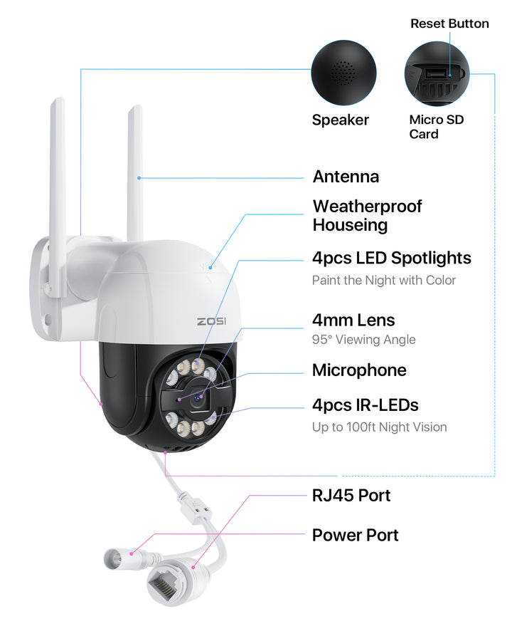 ZOSI C289 1080P WiFi Pan/Tilt Cámara de seguridad para exteriores, cámara  IP PTZ de vigilancia doméstica, alarma de sirena de luz inteligente, visión